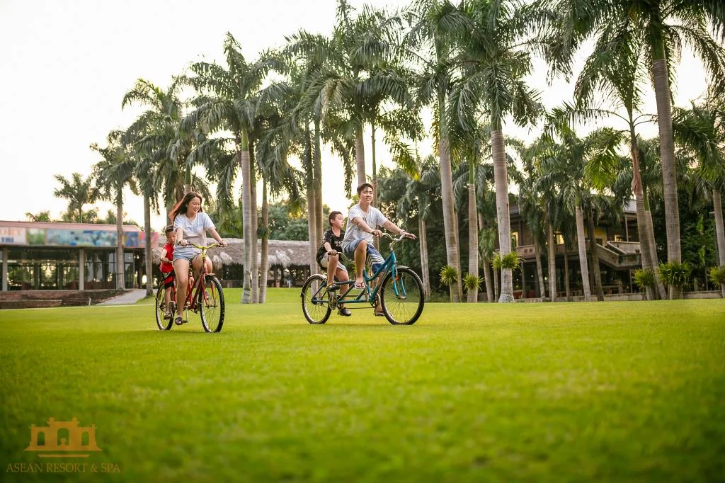 Khách đạp xe đạp đôi trên bãi cỏ rộng dưới hàng cọ cao trong khuôn viên Asean Resort