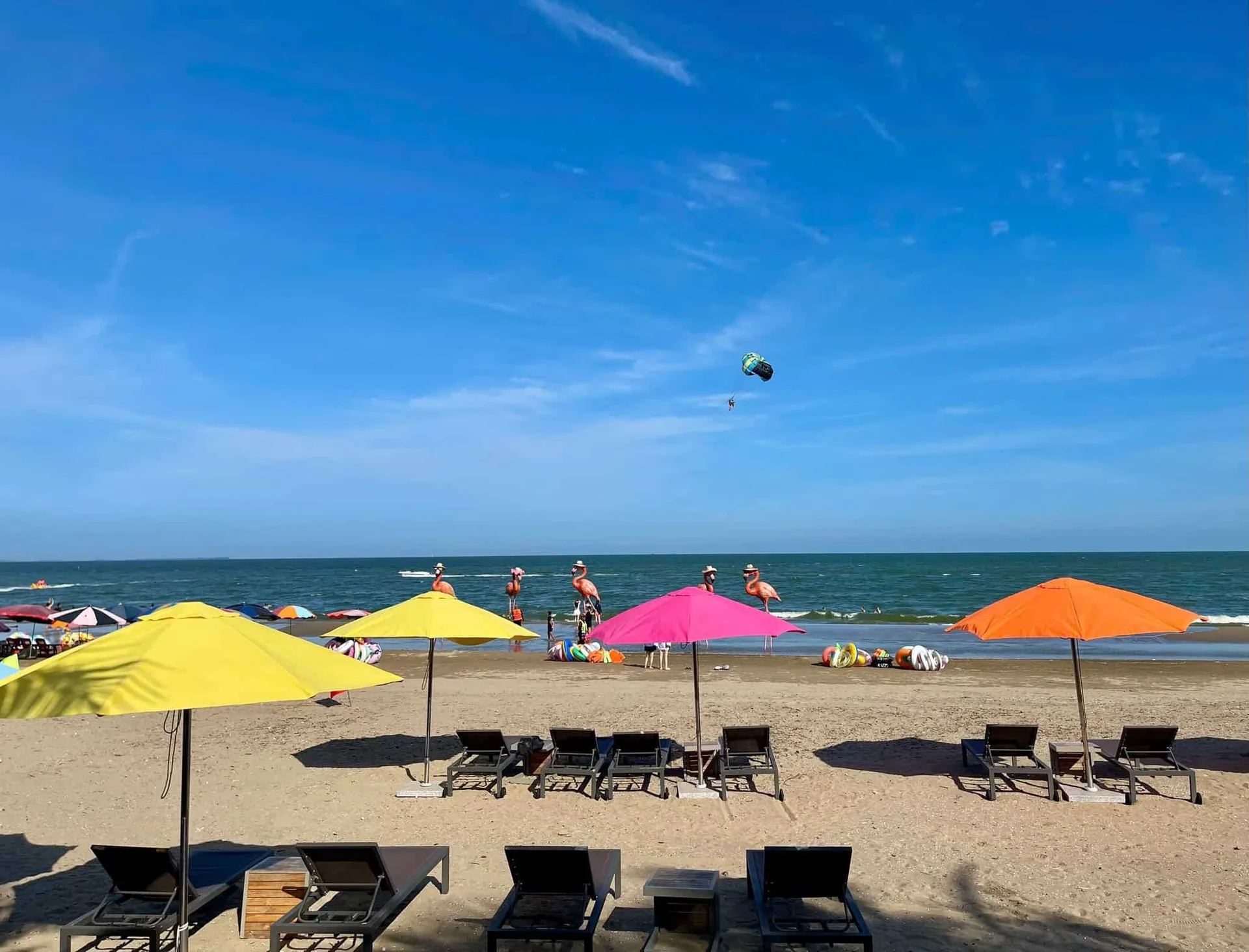 Bãi biển trước Flamingo Hải Tiến Resort với ô dù vàng, hồng, cam, ghế tắm nắng và tượng hồng hạc dưới nước