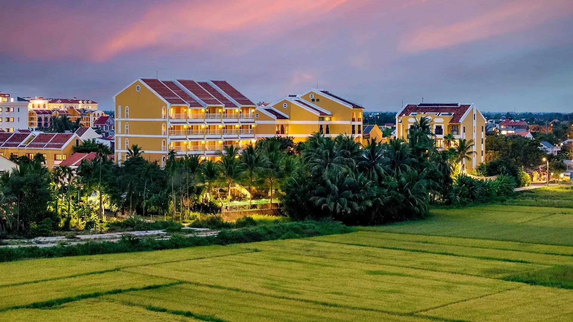 Các toà nhà vàng nghệ mái ngói đỏ của La Siesta Hội An lên đèn lúc chạng vạng, phía trước là cánh đồng lúa xanh