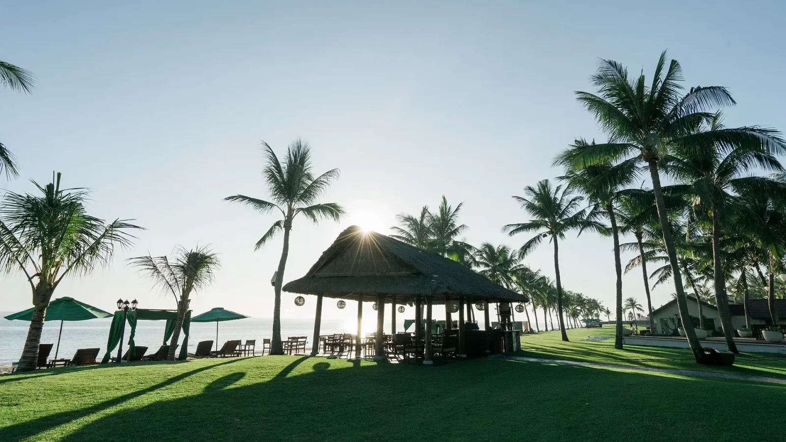 Quầy bar mái lá giữa bãi cỏ và hàng dừa của Palm Garden Beach Resort & Spa, nắng sớm chiếu sau mái, biển và dù xanh phía trái