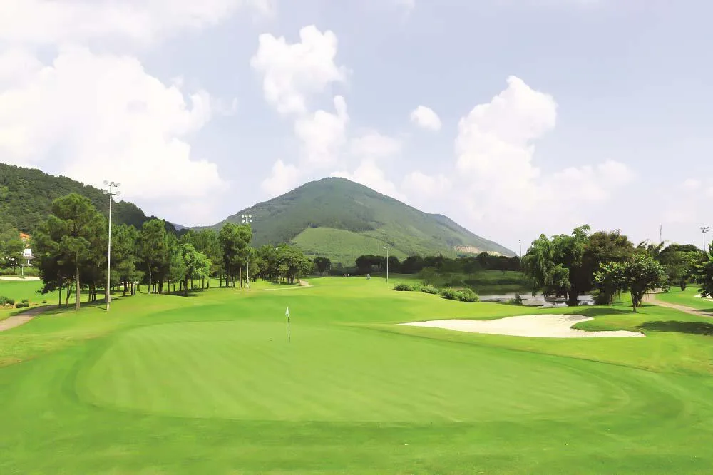 Sân golf Tam Đảo Golf & Resort với thảm cỏ xanh, hố cát trắng, hàng thông và ngọn núi phía sau dưới trời mây